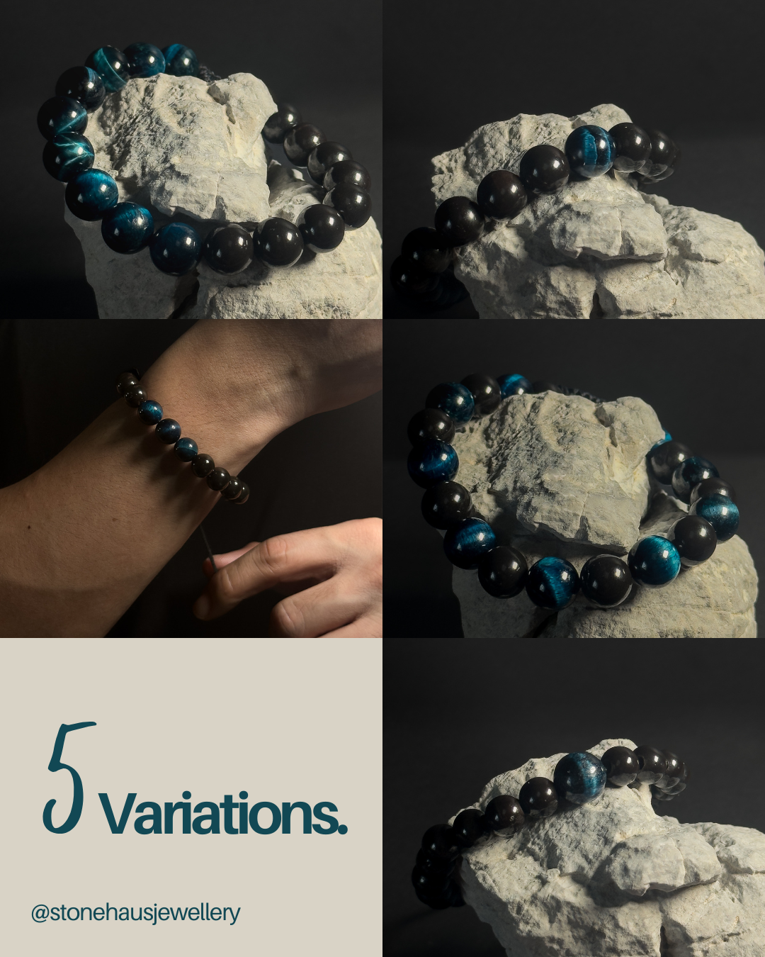 A collage showing a beaded bracelet in five different stone/stone combination variations, displayed on a rock, worn on a wrist, and with text reading '5 Variations.' and '@stonehausjewellery' on a beige panel.